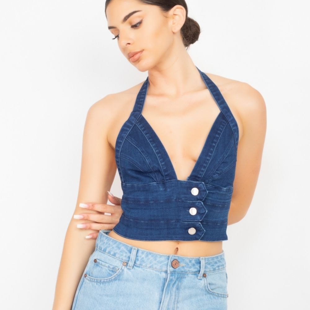 Denim halter neck seamed top